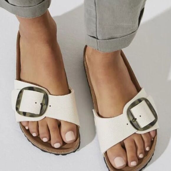 Birkenstock Madrid Big Buckle Sandals Vegan Textile Egg Shell  Narrow width - Picture 1 of 11